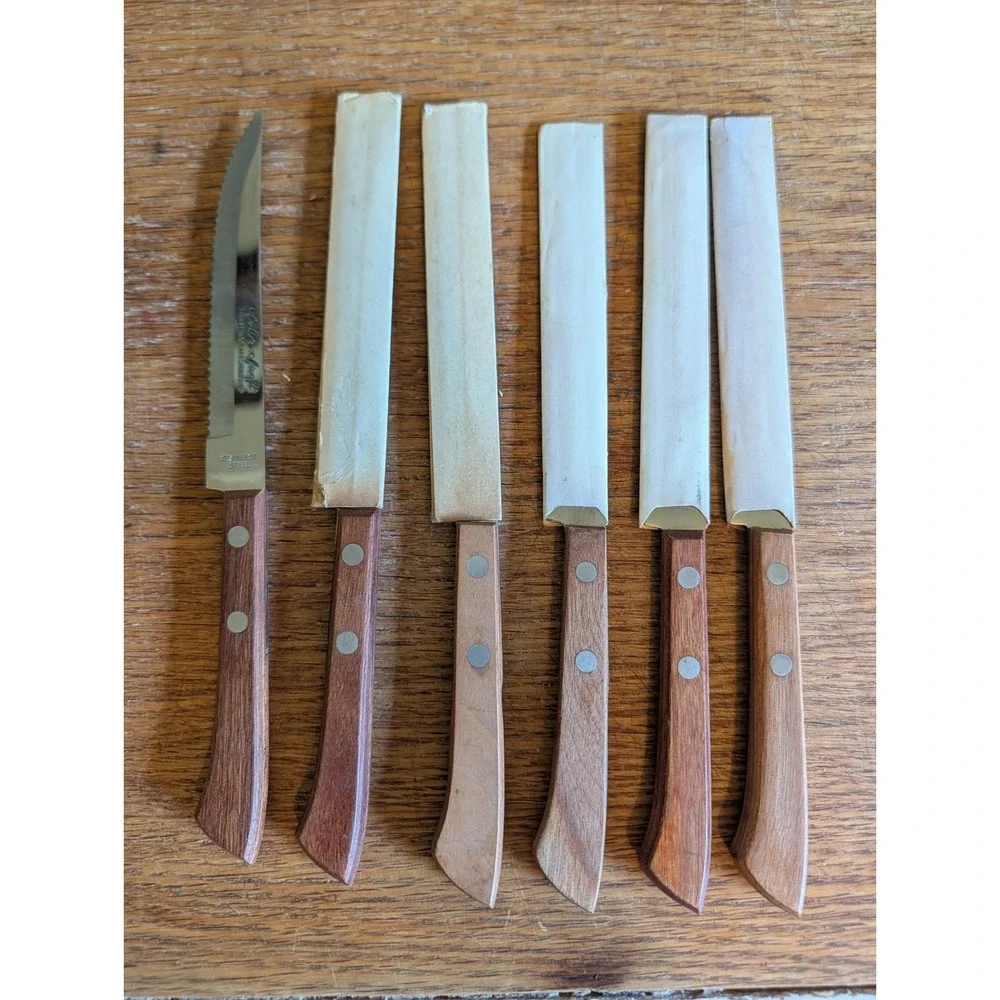 Vintage Color Craft Steak Knife Set 6pc Stainless Steel Wood Handle 1970s Retro